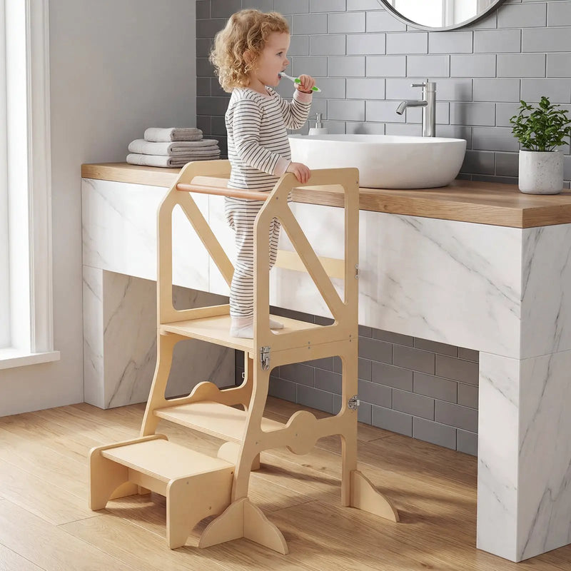 Multifunctional Kids Kitchen Step Stool with Removable Safety Bar and Fixing Buckles by DirectDeals