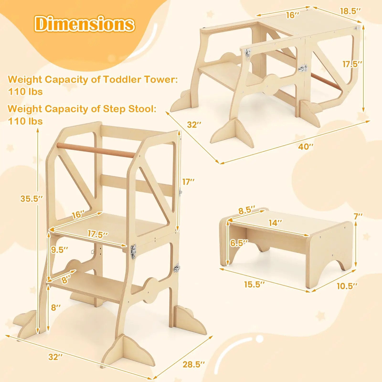 Multifunctional Kids Kitchen Step Stool with Removable Safety Bar and Fixing Buckles by DirectDeals