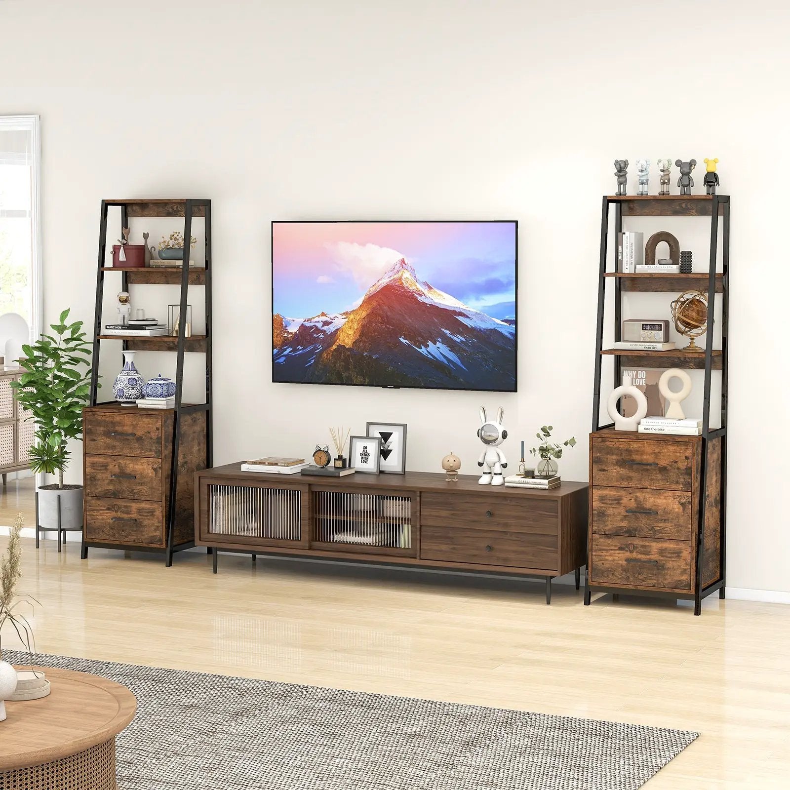 Multifunctional Tall Bookcase with Open Shelves and Storage Drawers by DirectDeals
