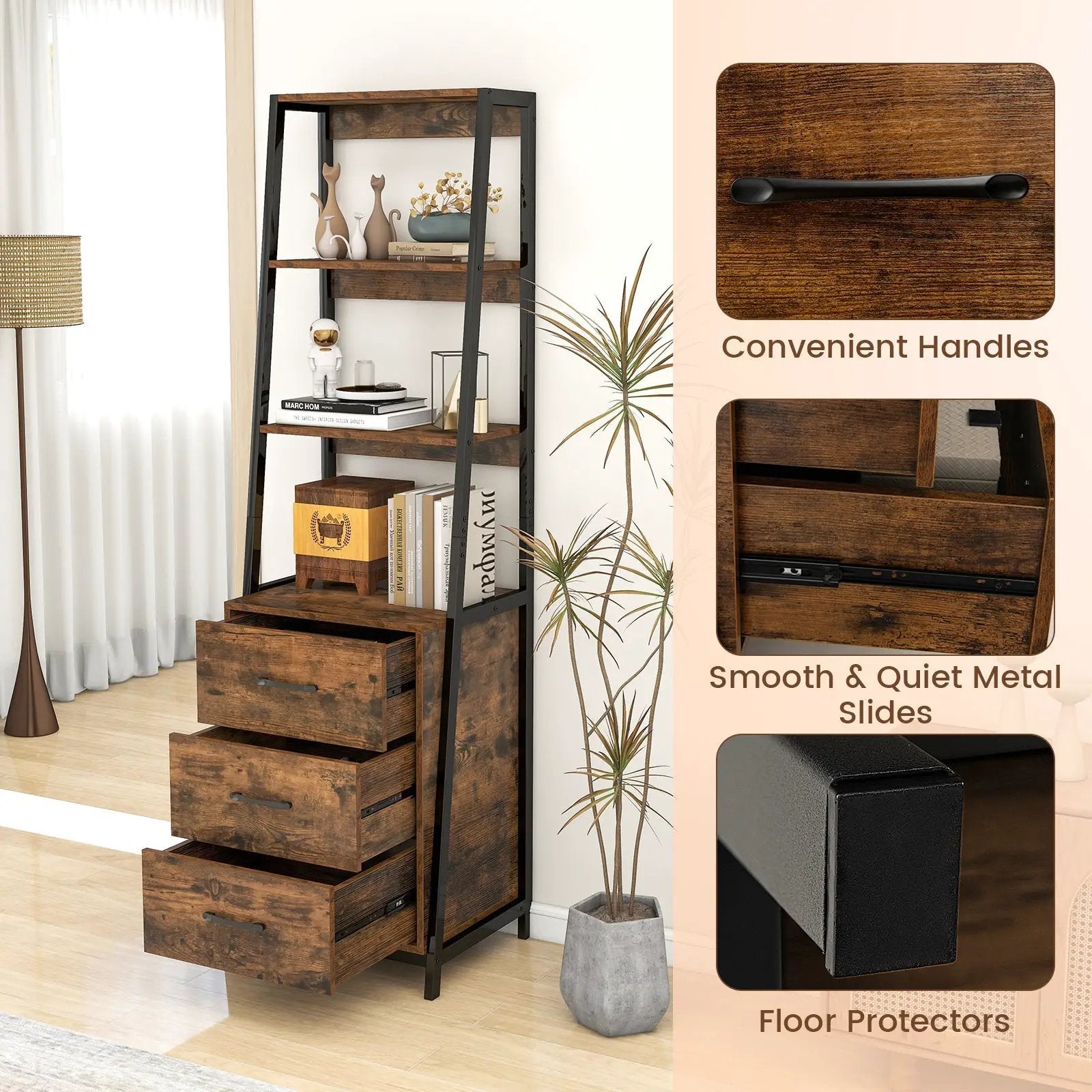 Multifunctional Tall Bookcase with Open Shelves and Storage Drawers by DirectDeals