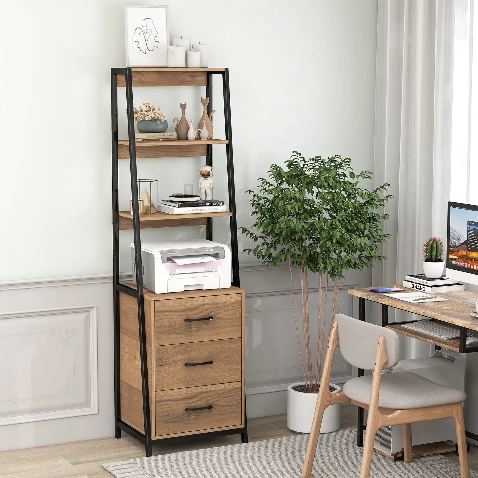 Multifunctional Tall Bookcase with Open Shelves and Storage Drawers by DirectDeals