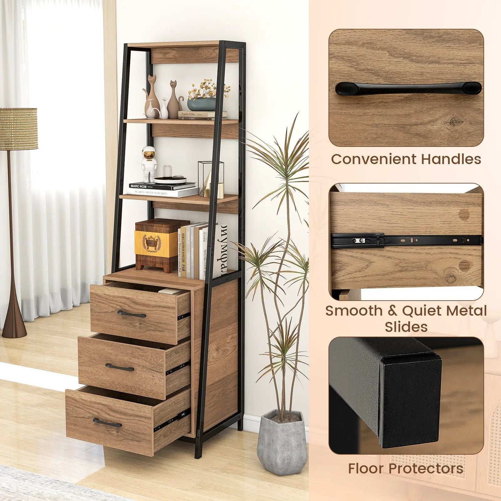 Multifunctional Tall Bookcase with Open Shelves and Storage Drawers by DirectDeals