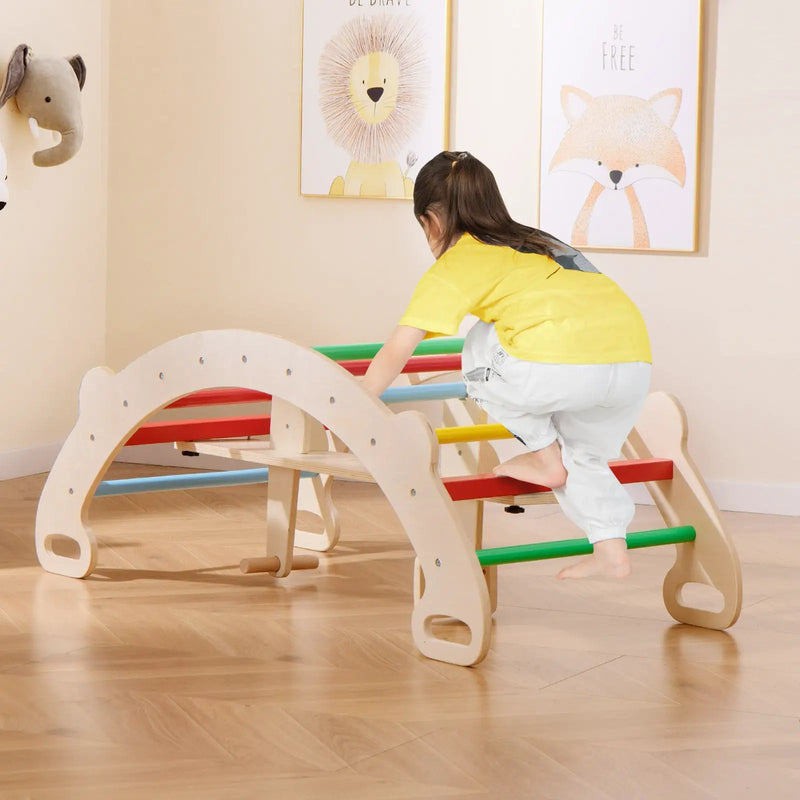 4-in-1 Multifunctional Wooden Climbing Toys with Rocker and Crawling Tunnel-Multicolor by DirectDeals