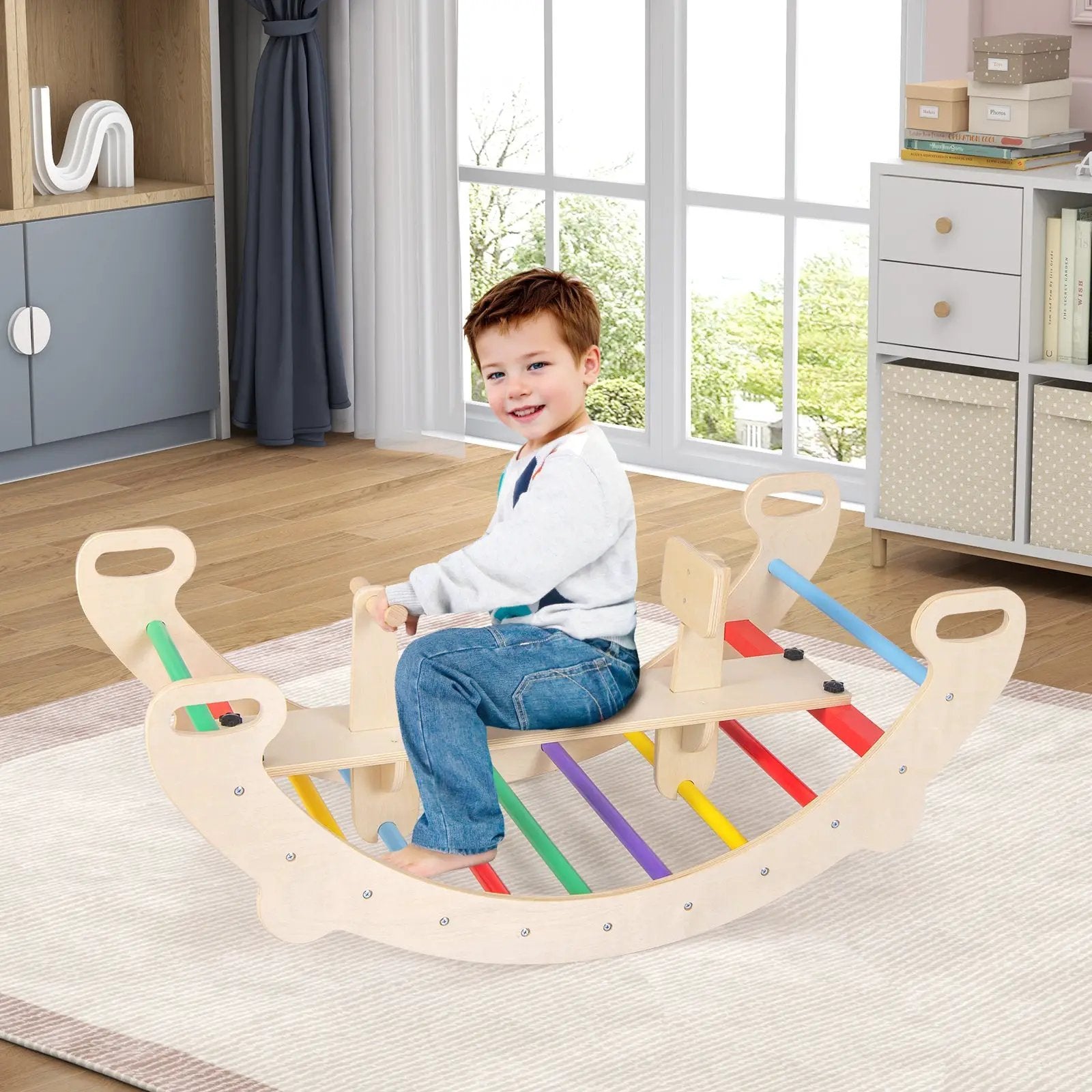 4-in-1 Multifunctional Wooden Climbing Toys with Rocker and Crawling Tunnel-Multicolor by DirectDeals