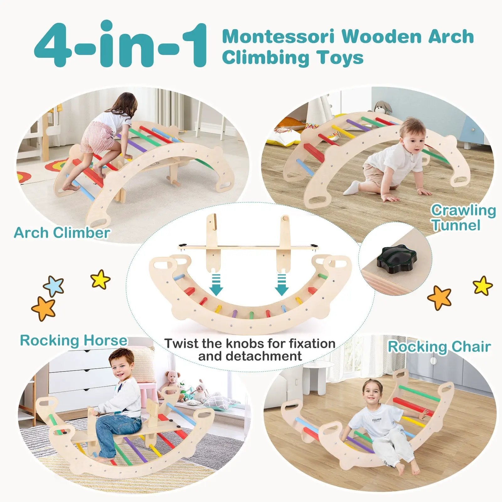 4-in-1 Multifunctional Wooden Climbing Toys with Rocker and Crawling Tunnel-Multicolor by DirectDeals