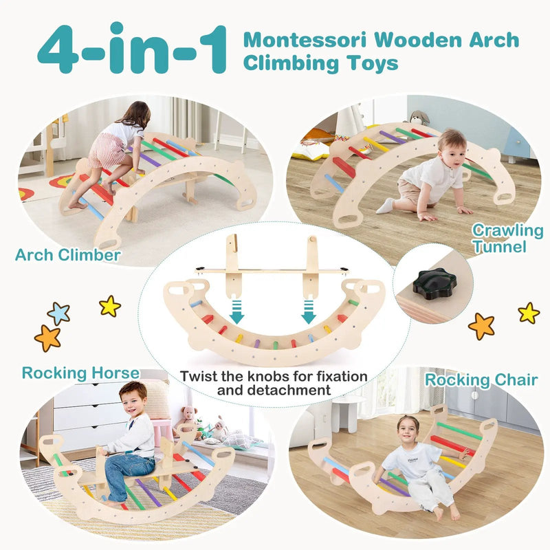 4-in-1 Multifunctional Wooden Climbing Toys with Rocker and Crawling Tunnel-Multicolor by DirectDeals