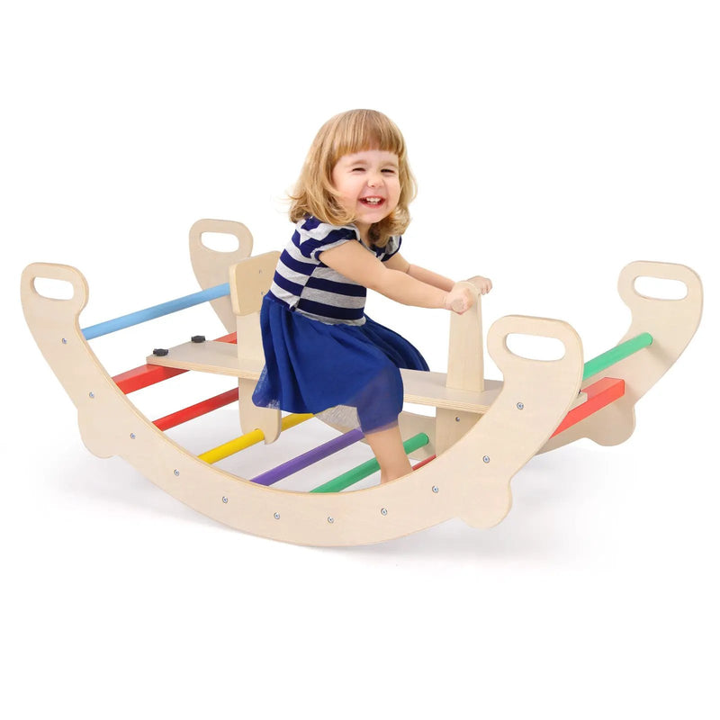 4-in-1 Multifunctional Wooden Climbing Toys with Rocker and Crawling Tunnel-Multicolor by DirectDeals