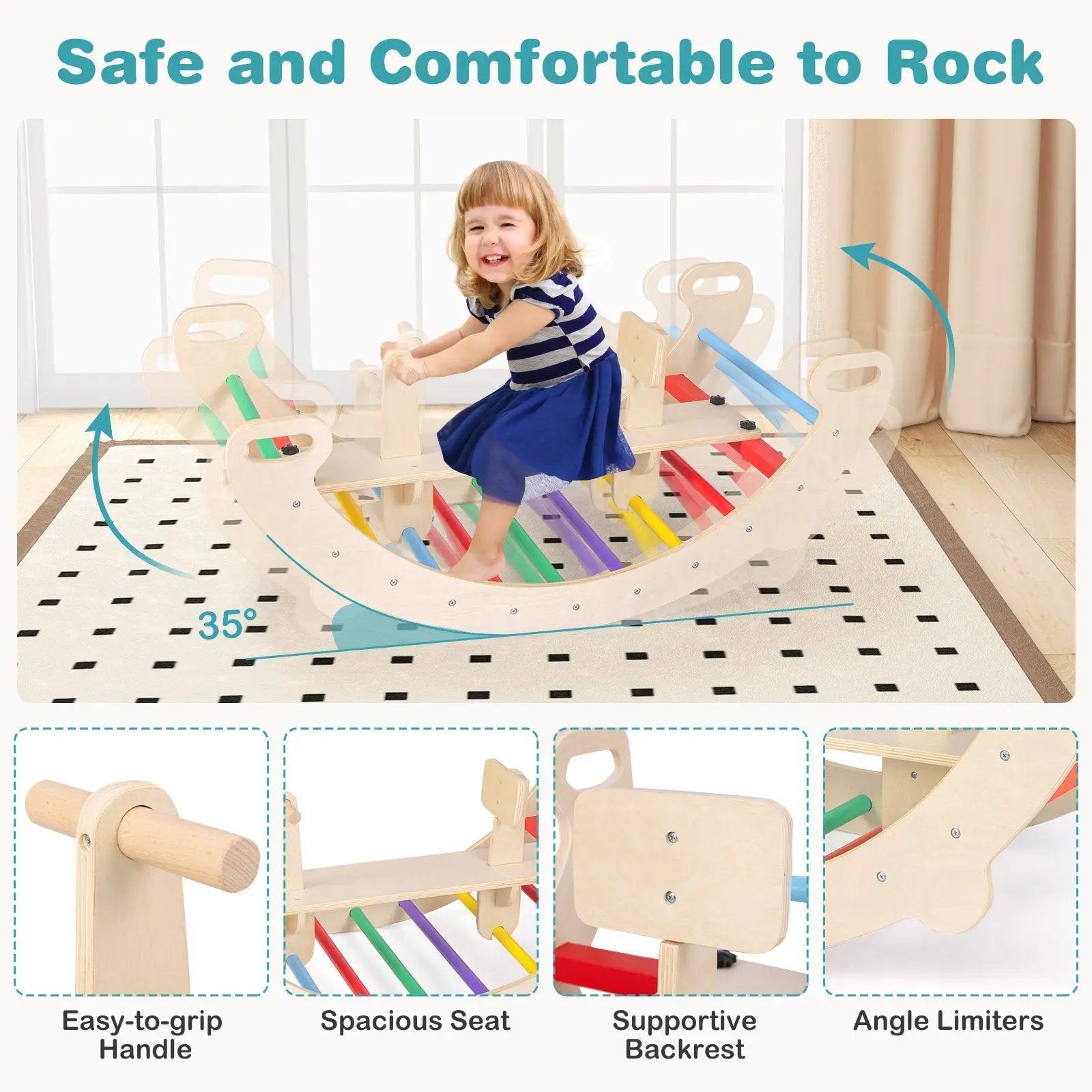 4-in-1 Multifunctional Wooden Climbing Toys with Rocker and Crawling Tunnel-Multicolor by DirectDeals