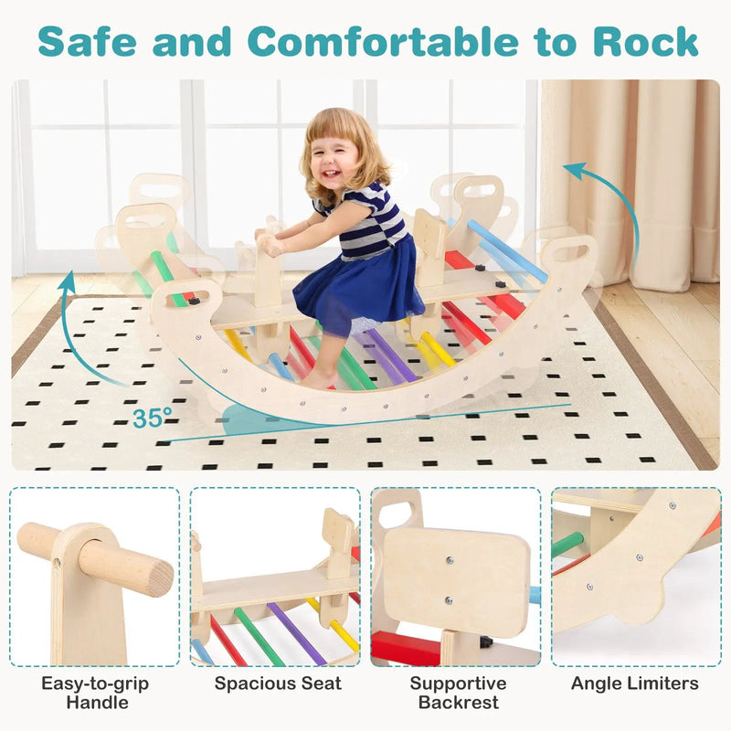 4-in-1 Multifunctional Wooden Climbing Toys with Rocker and Crawling Tunnel-Multicolor by DirectDeals
