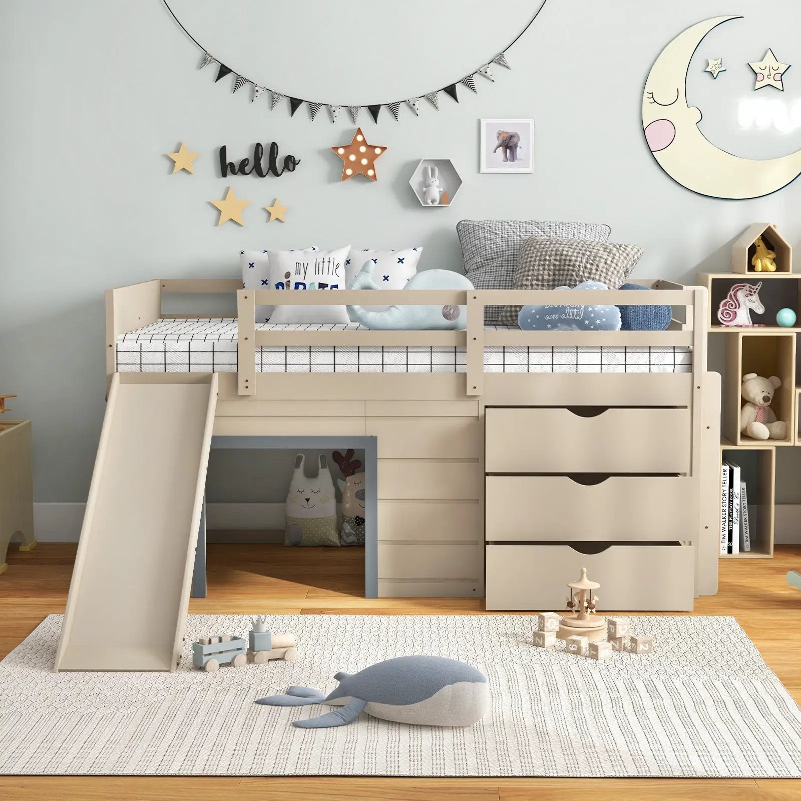 3-In-1 Twin Loft Bed with Slide Ladder Drawers for Kids Teens-Beige by DirectDeals