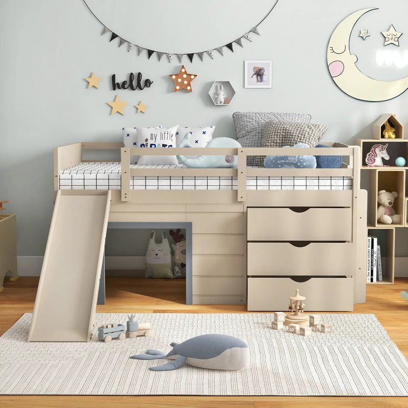 3-In-1 Twin Loft Bed with Slide Ladder Drawers for Kids Teens-Beige by DirectDeals