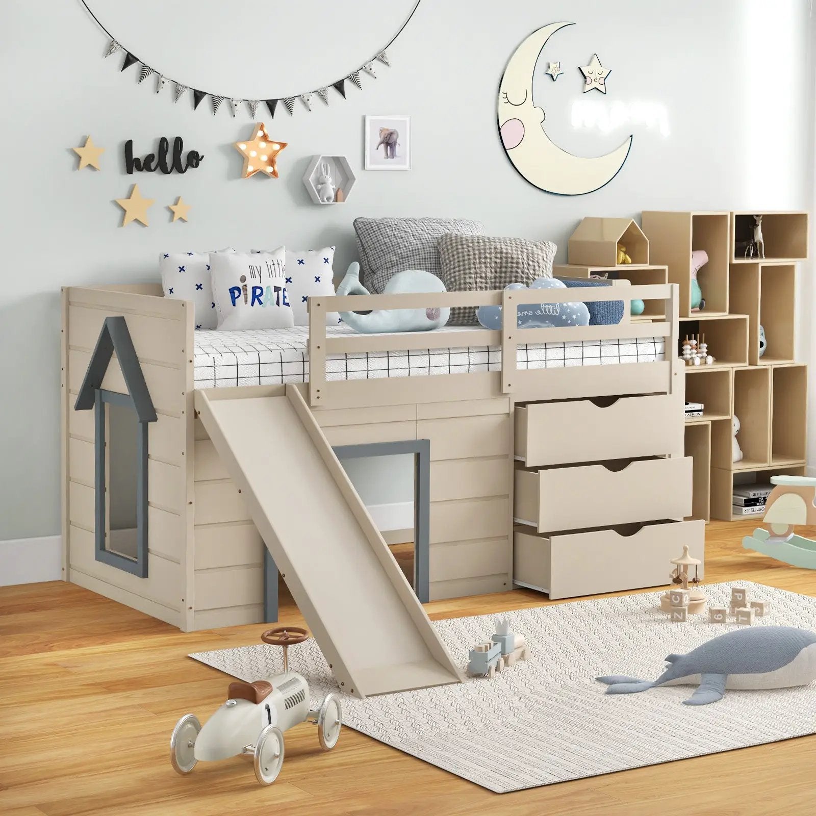 3-In-1 Twin Loft Bed with Slide Ladder Drawers for Kids Teens-Beige by DirectDeals