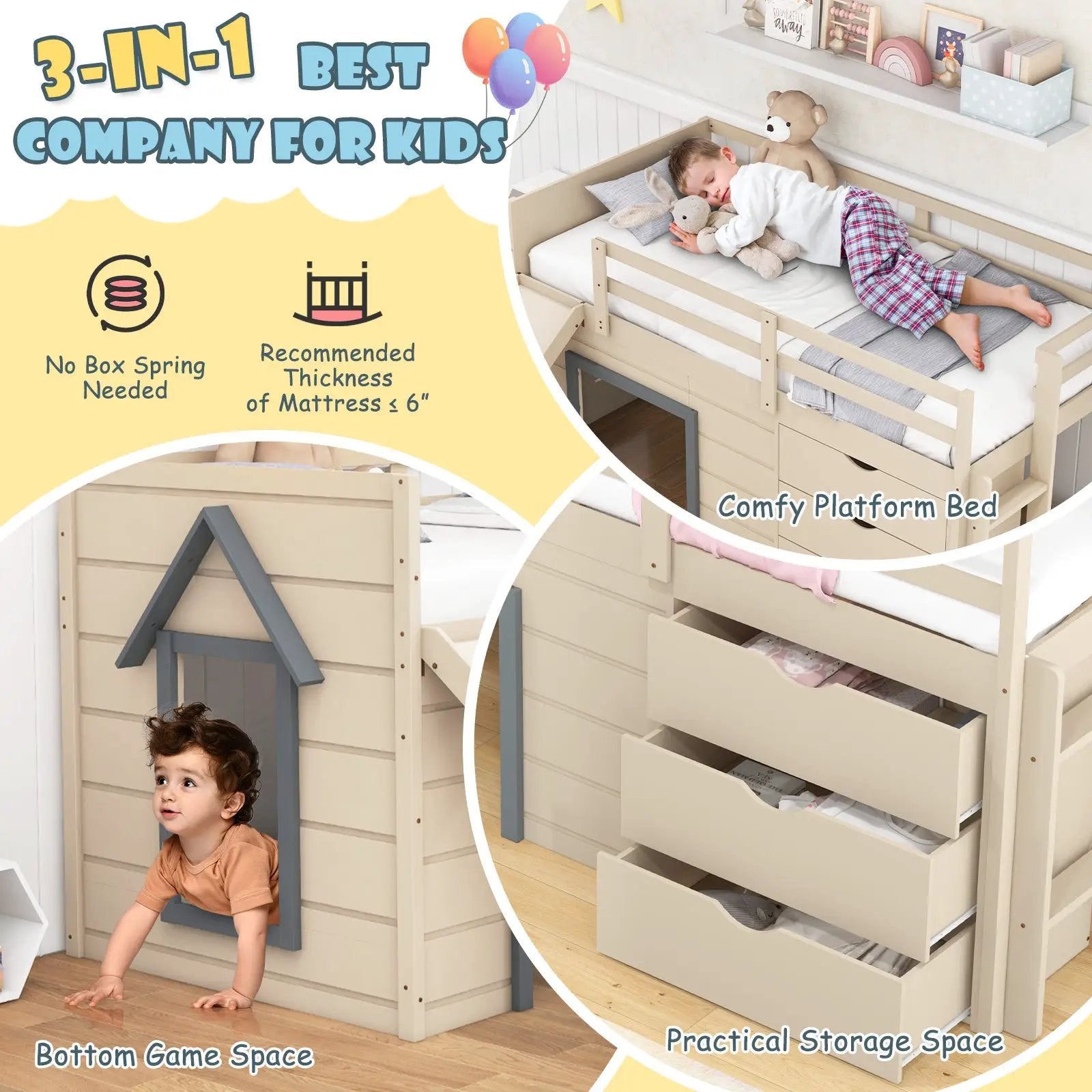3-In-1 Twin Loft Bed with Slide Ladder Drawers for Kids Teens-Beige by DirectDeals