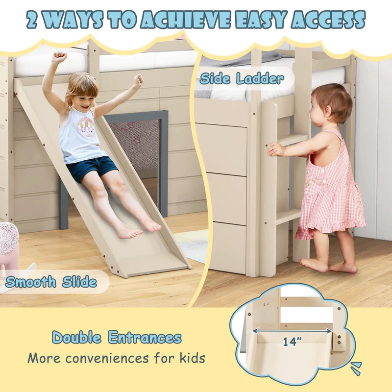 3-In-1 Twin Loft Bed with Slide Ladder Drawers for Kids Teens-Beige by DirectDeals