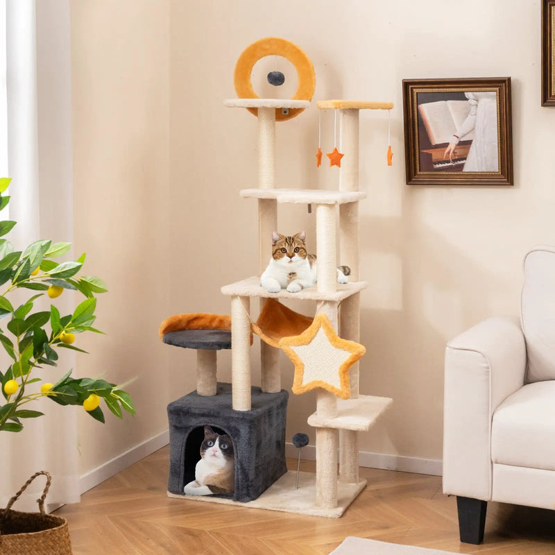 63 Inch Multi-level Cat Tower with Scratching Board and Toys by DirectDeals