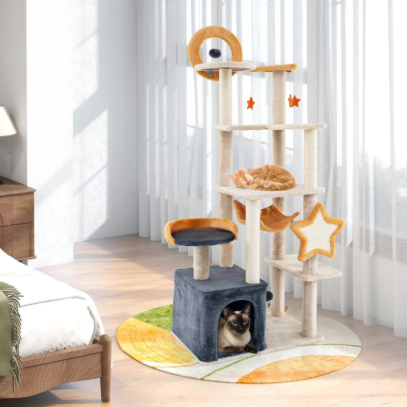 63 Inch Multi-level Cat Tower with Scratching Board and Toys by DirectDeals