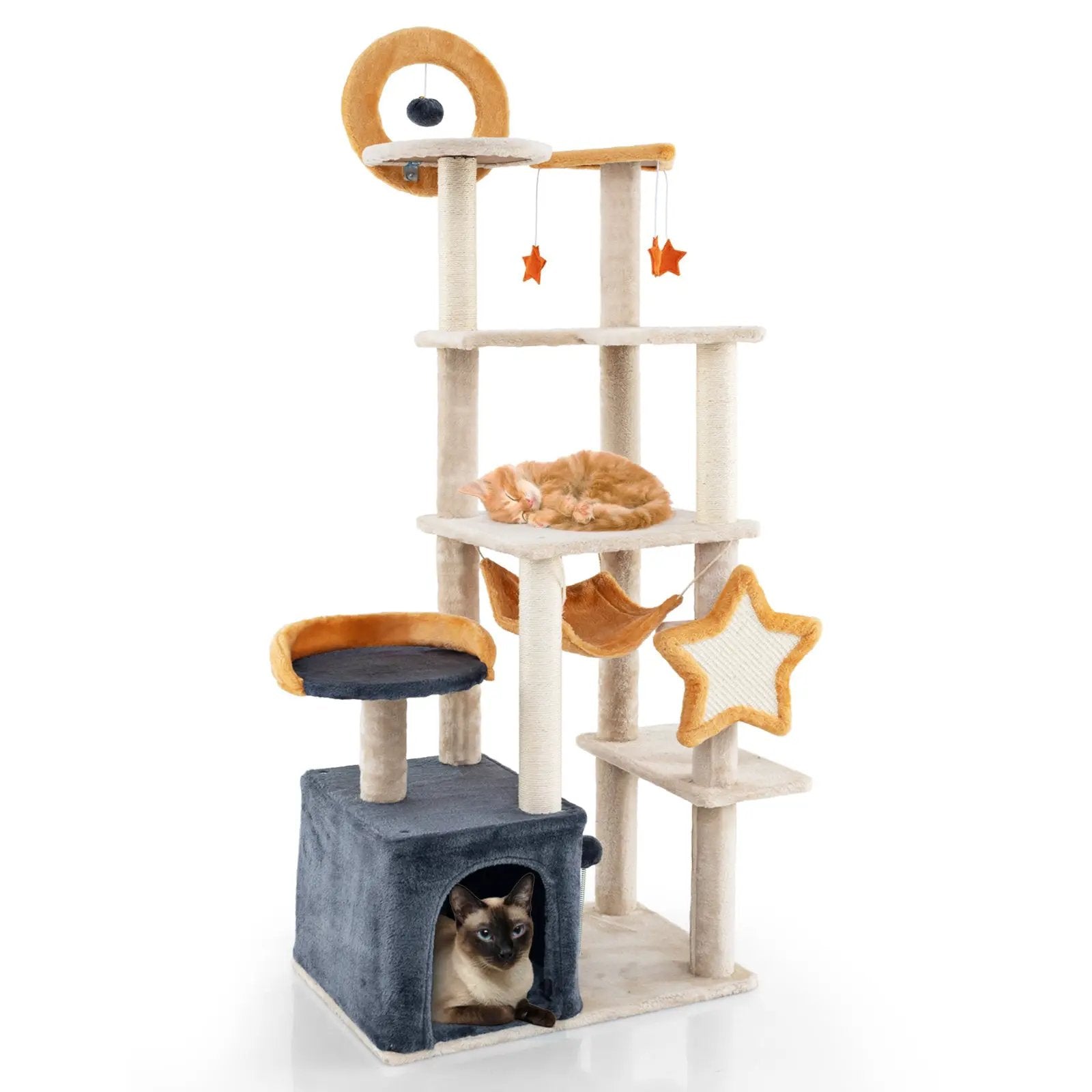 63 Inch Multi-level Cat Tower with Scratching Board and Toys by DirectDeals