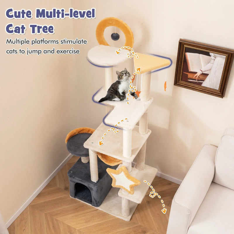 63 Inch Multi-level Cat Tower with Scratching Board and Toys by DirectDeals