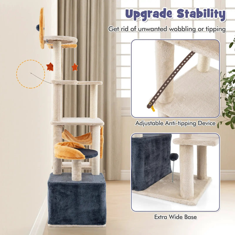 63 Inch Multi-level Cat Tower with Scratching Board and Toys by DirectDeals