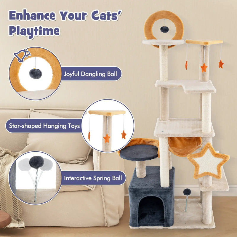 63 Inch Multi-level Cat Tower with Scratching Board and Toys by DirectDeals