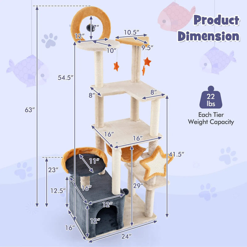 63 Inch Multi-level Cat Tower with Scratching Board and Toys by DirectDeals
