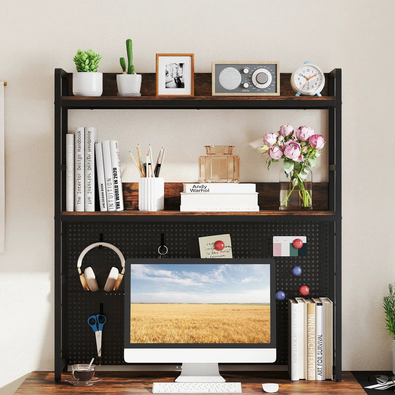 Multipurpose 2-Tier Desktop Bookshelf with Pegboard for up to 32 Inch Computer Monitor-Rustic Brown by DirectDeals