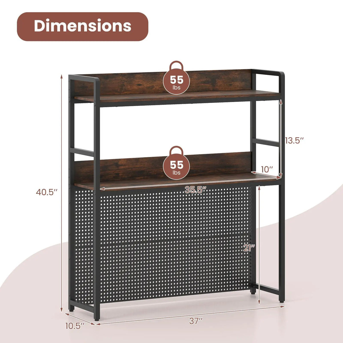 Multipurpose 2-Tier Desktop Bookshelf with Pegboard for up to 32 Inch Computer Monitor-Rustic Brown by DirectDeals