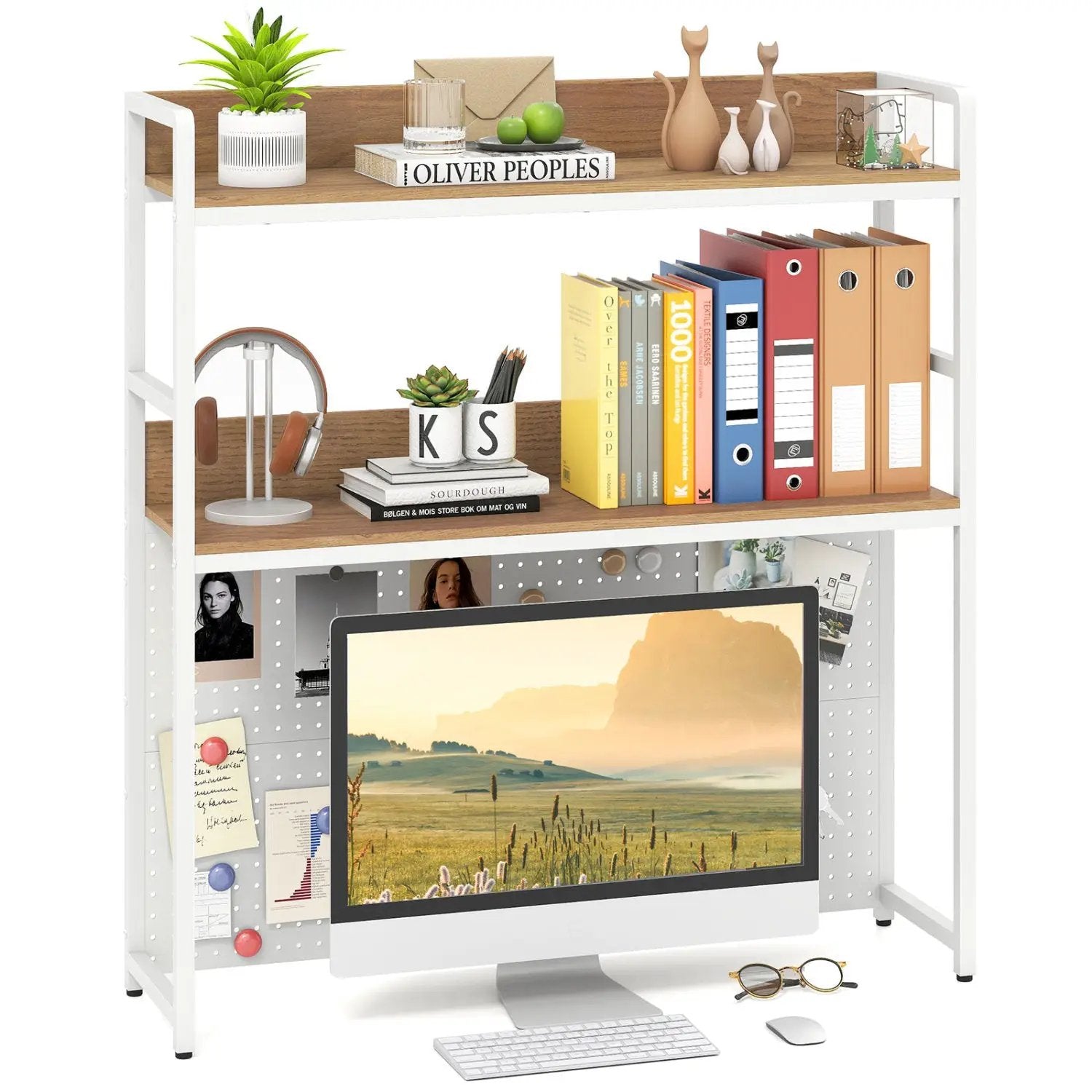Multipurpose 2-Tier Desktop Bookshelf with Pegboard for up to 32 Inch Computer Monitor-Rustic Brown by DirectDeals