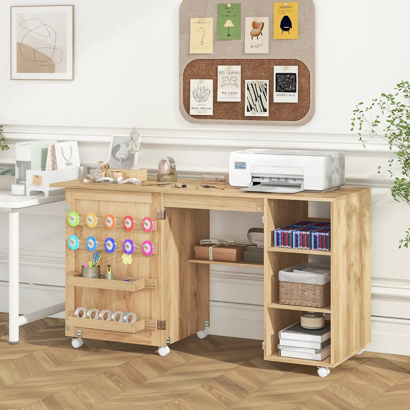 Multipurpose Folding Sewing Table Craft Station with Rattan Door-Natural by DirectDeals