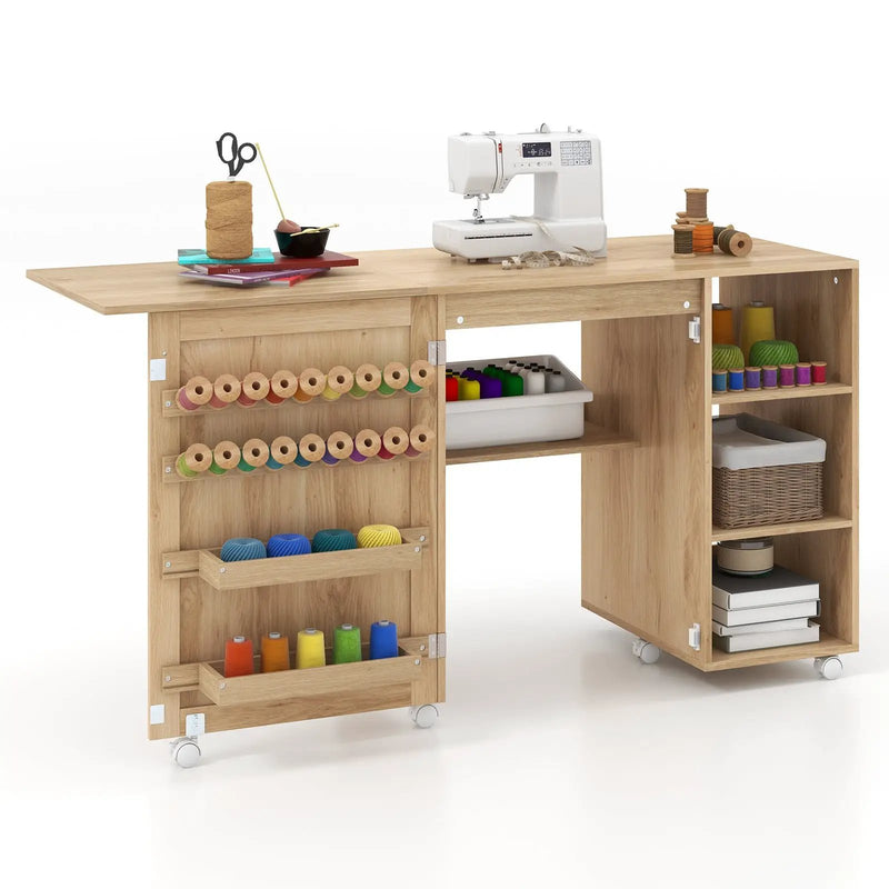 Multipurpose Folding Sewing Table Craft Station with Rattan Door-Natural by DirectDeals