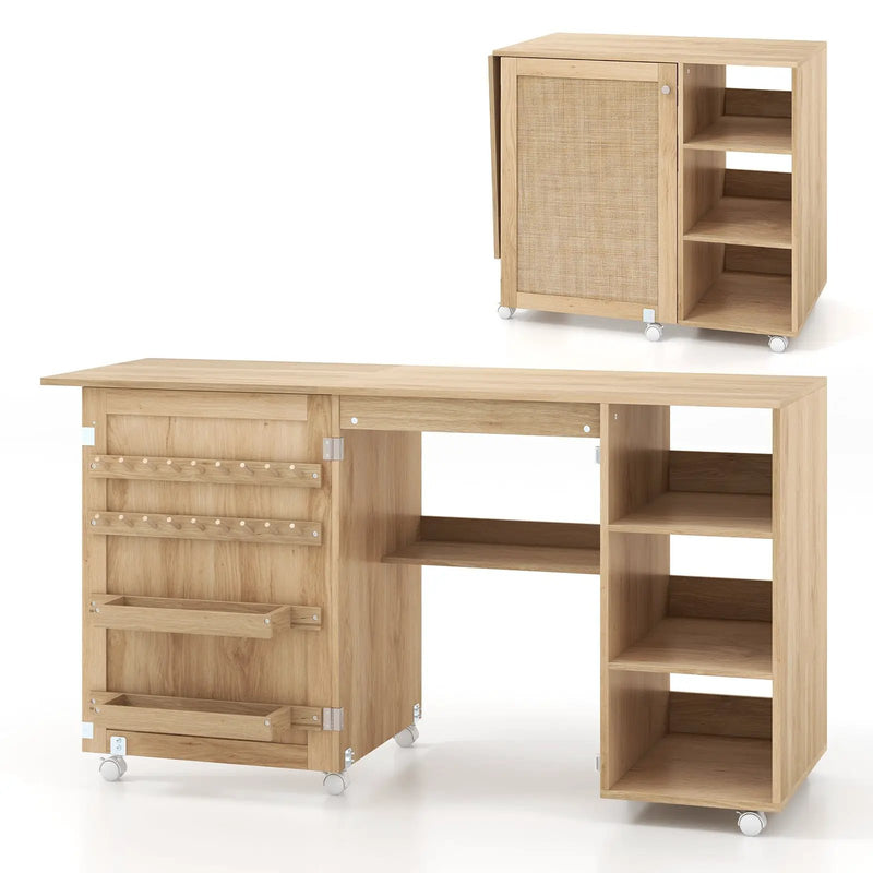 Multipurpose Folding Sewing Table Craft Station with Rattan Door-Natural by DirectDeals