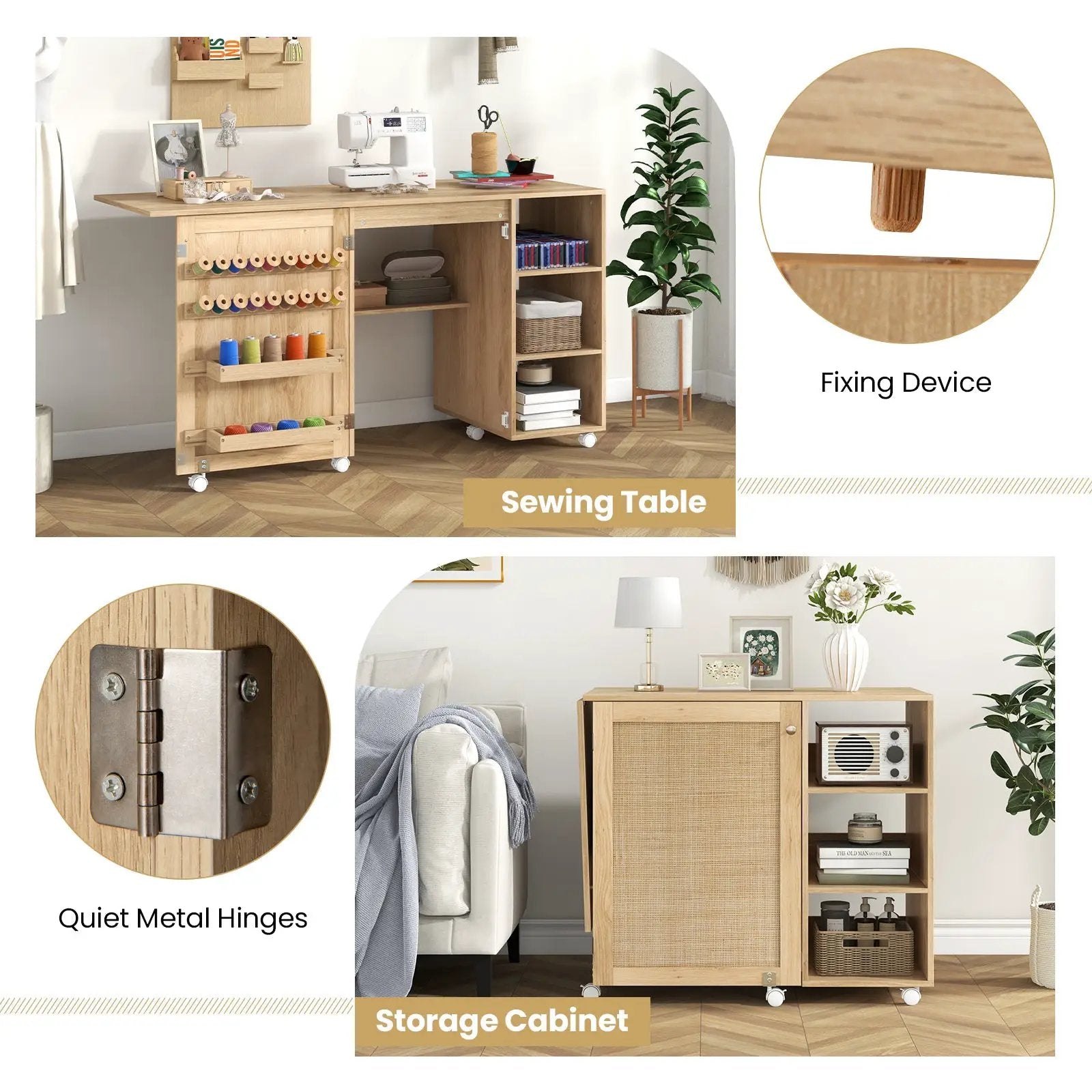 Multipurpose Folding Sewing Table Craft Station with Rattan Door-Natural by DirectDeals