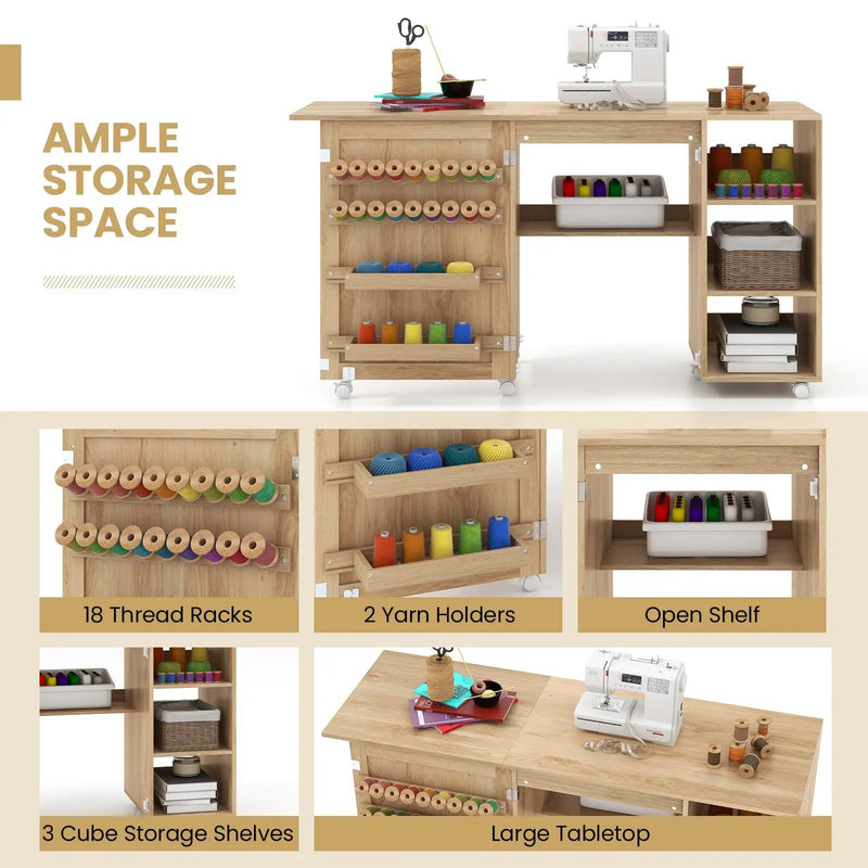 Multipurpose Folding Sewing Table Craft Station with Rattan Door-Natural by DirectDeals
