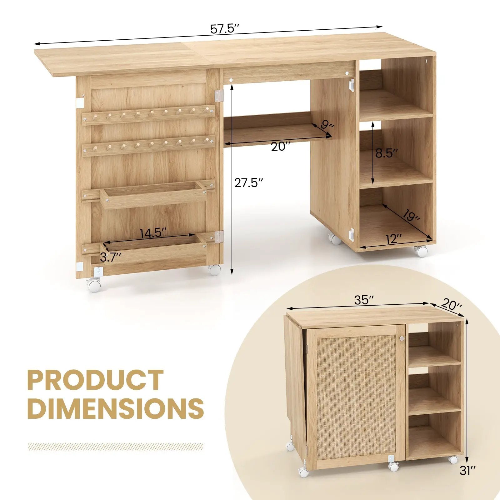 Multipurpose Folding Sewing Table Craft Station with Rattan Door-Natural by DirectDeals