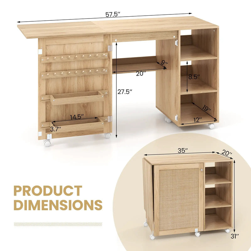 Multipurpose Folding Sewing Table Craft Station with Rattan Door-Natural by DirectDeals