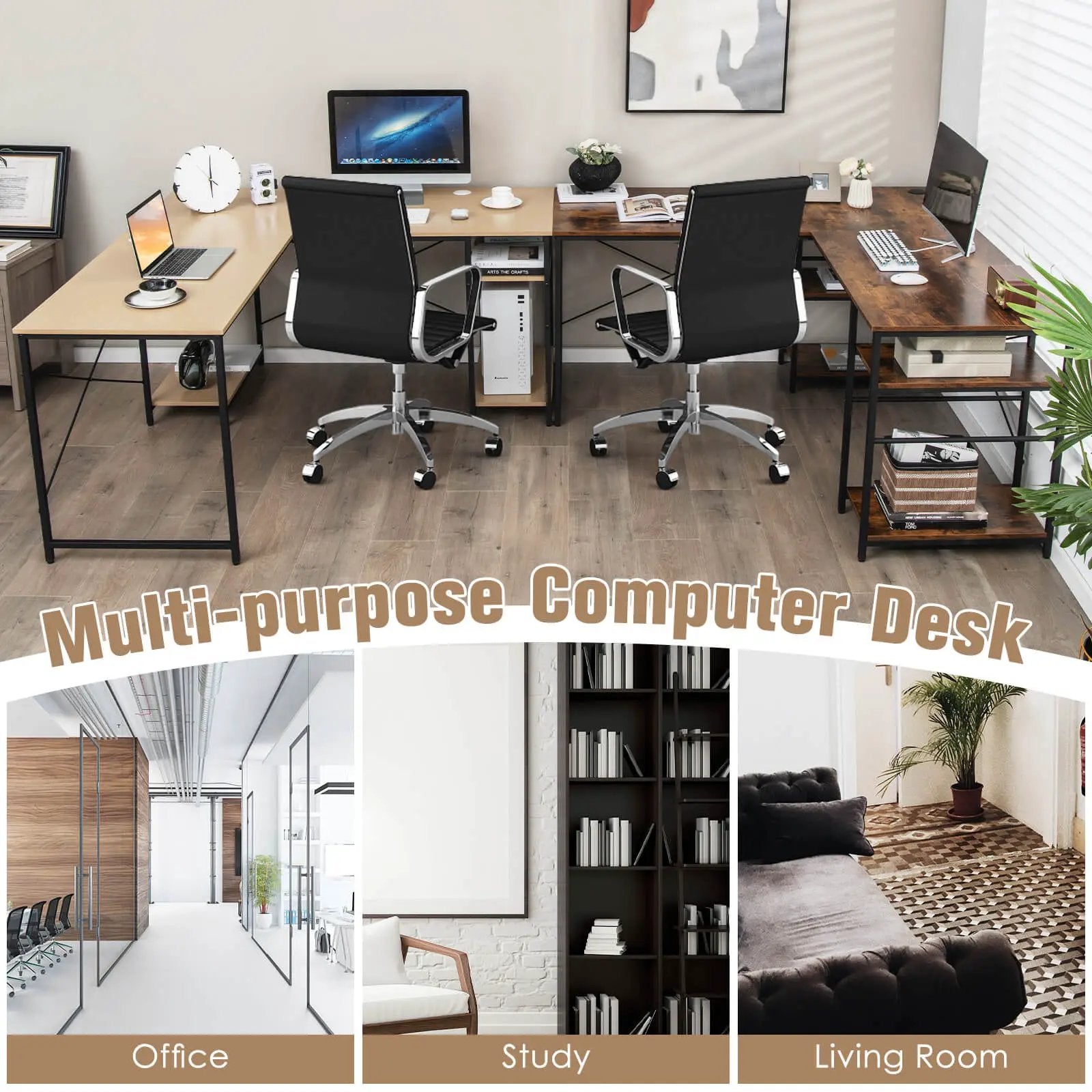 L Shaped Computer Desk with 4 Storage Shelves and Cable Holes by DirectDeals