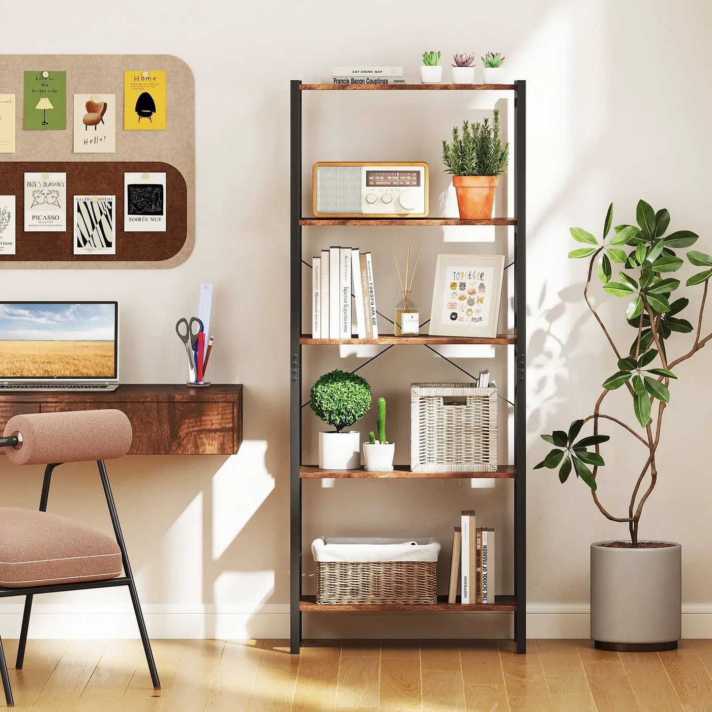5-Tier Industrial Bookshelf Display Storage Rack with Metal Frame by DirectDeals