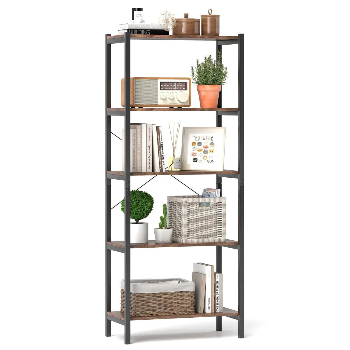 5-Tier Industrial Bookshelf Display Storage Rack with Metal Frame by DirectDeals