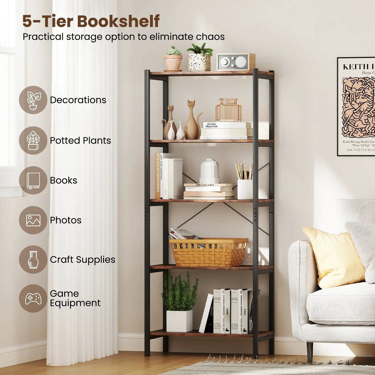 5-Tier Industrial Bookshelf Display Storage Rack with Metal Frame by DirectDeals