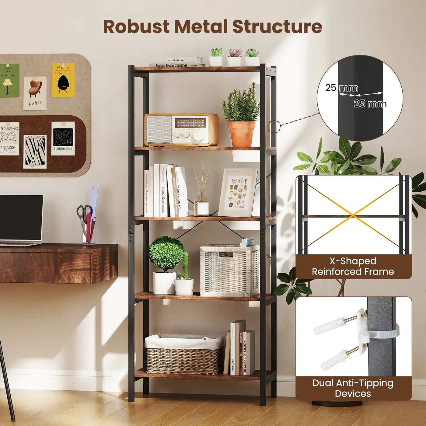 5-Tier Industrial Bookshelf Display Storage Rack with Metal Frame by DirectDeals