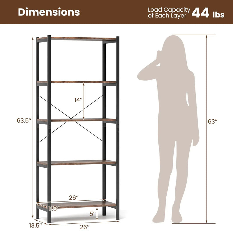 5-Tier Industrial Bookshelf Display Storage Rack with Metal Frame by DirectDeals