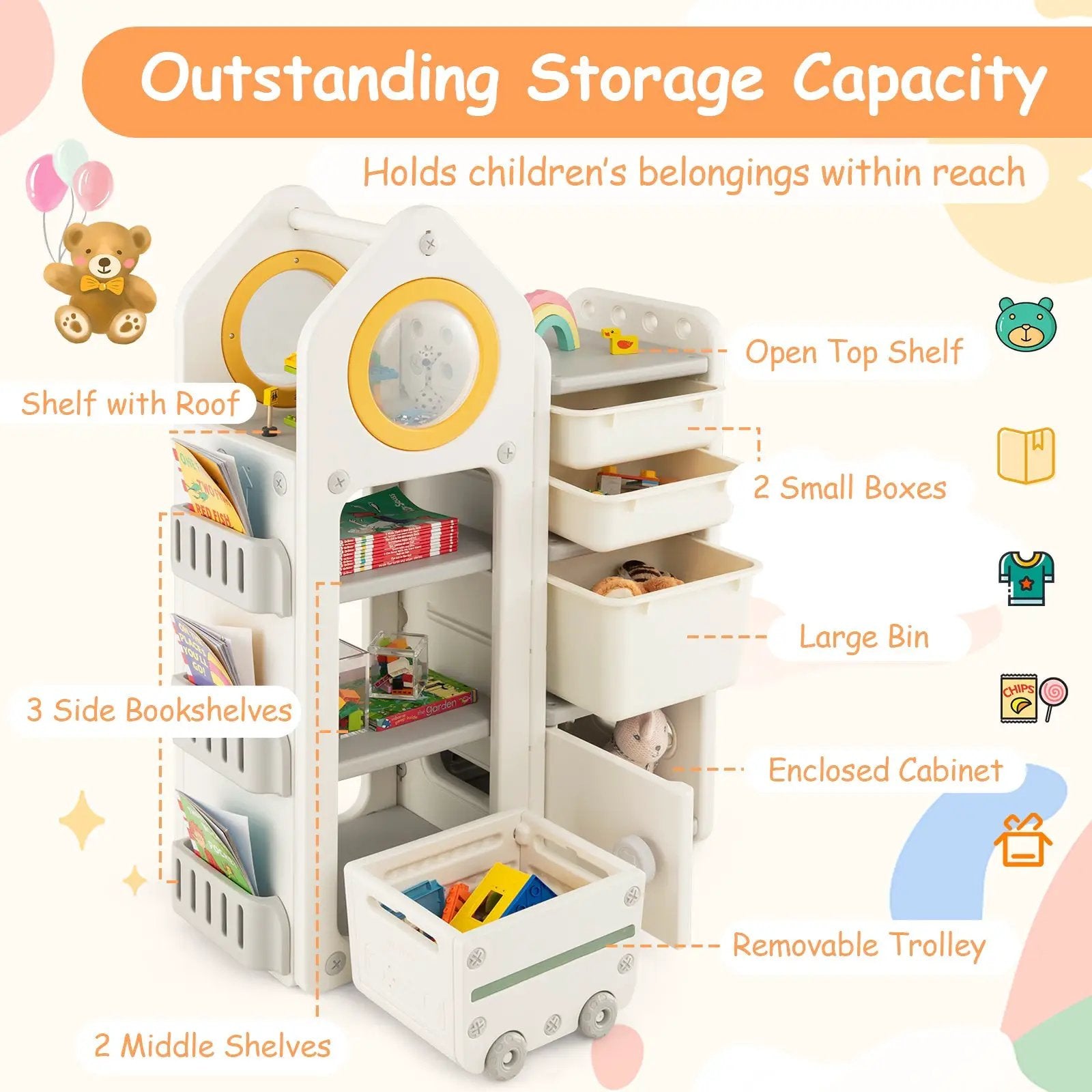 Multipurpose Toy Chest and Bookshelf with Mobile Trolley for Bedroom-Gray by DirectDeals