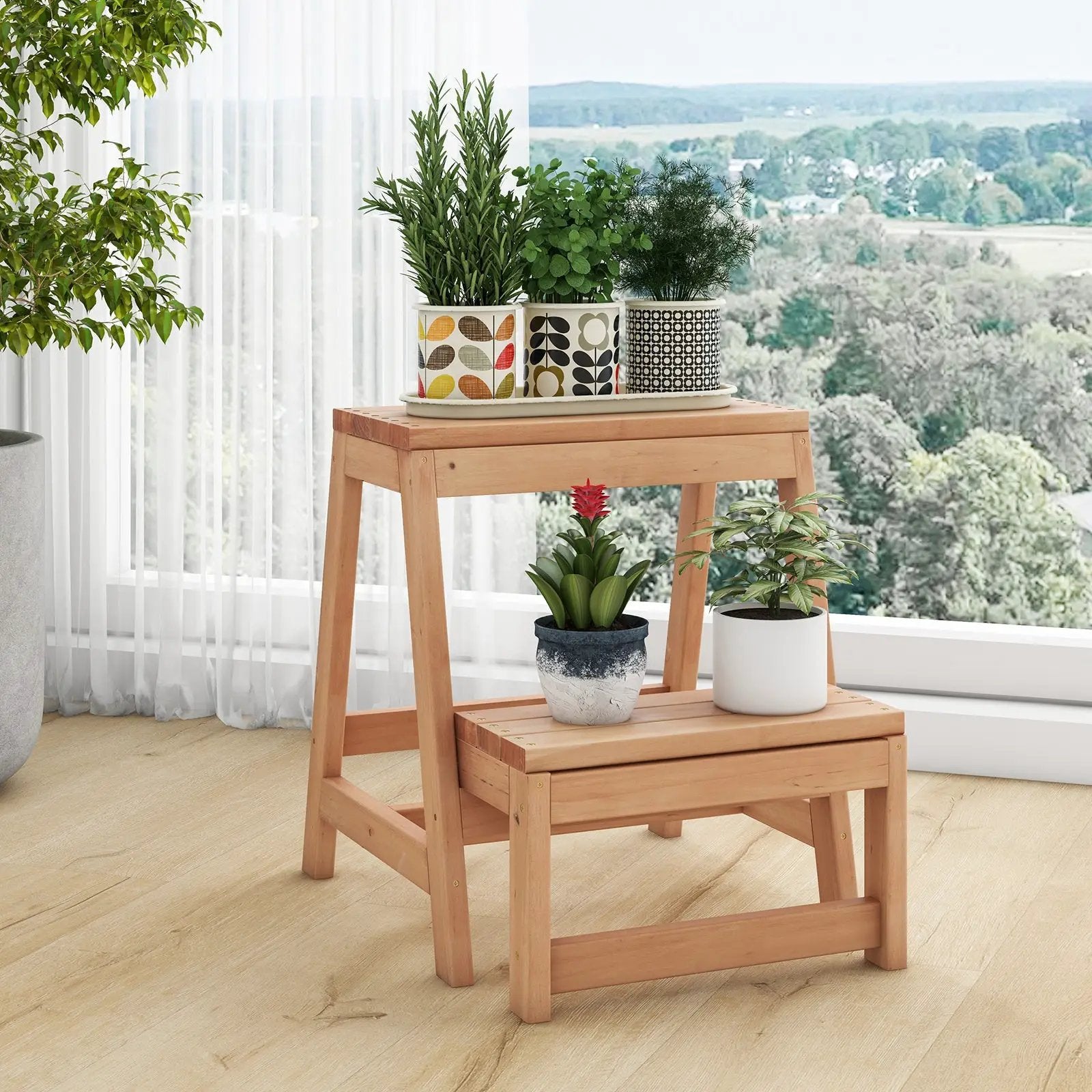 Multipurpose Wood Folding 2-Step Stool for Indoor Outdoor Plant Stand-Natural by DirectDeals