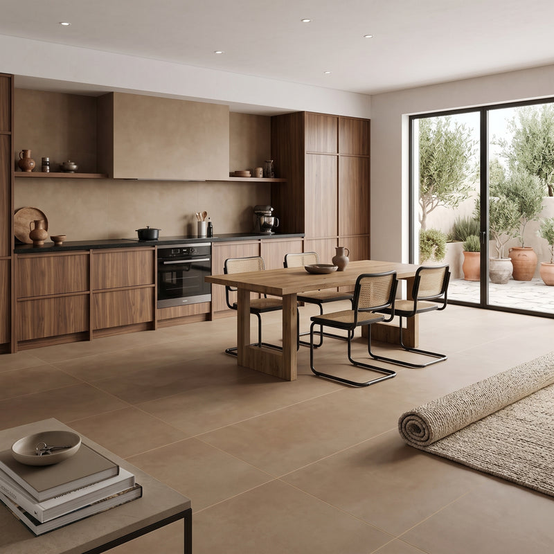 A modern kitchen and dining area with warm beige cabinetry, a wooden dining table, four black-framed chairs, and large glass doors opening to a patio with potted plants.