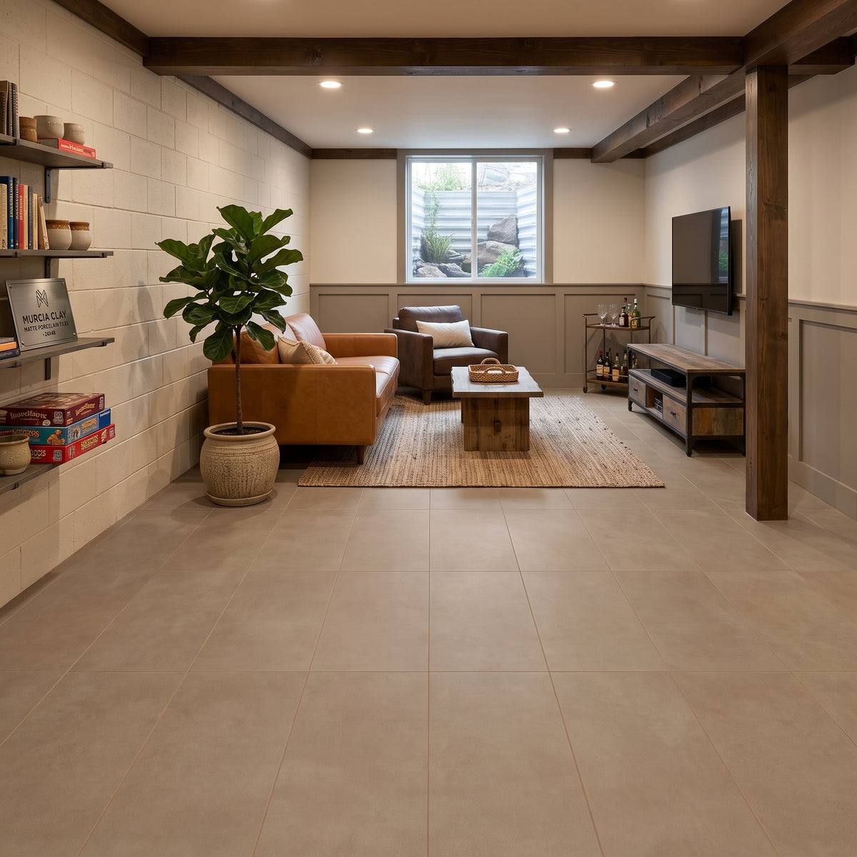 A spacious basement living room with large light beige floor tiles, featuring a tan sofa, a wooden coffee table, a potted fiddle-leaf fig, open shelving, and a wall-mounted television.