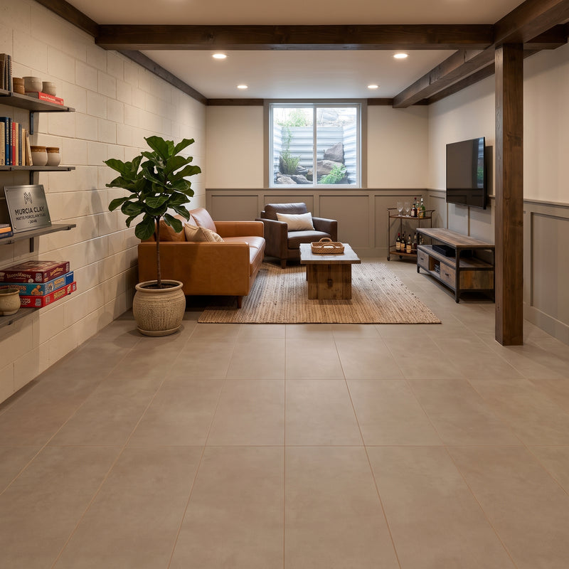 A spacious basement living room with large light beige floor tiles, featuring a tan sofa, a wooden coffee table, a potted fiddle-leaf fig, open shelving, and a wall-mounted television.