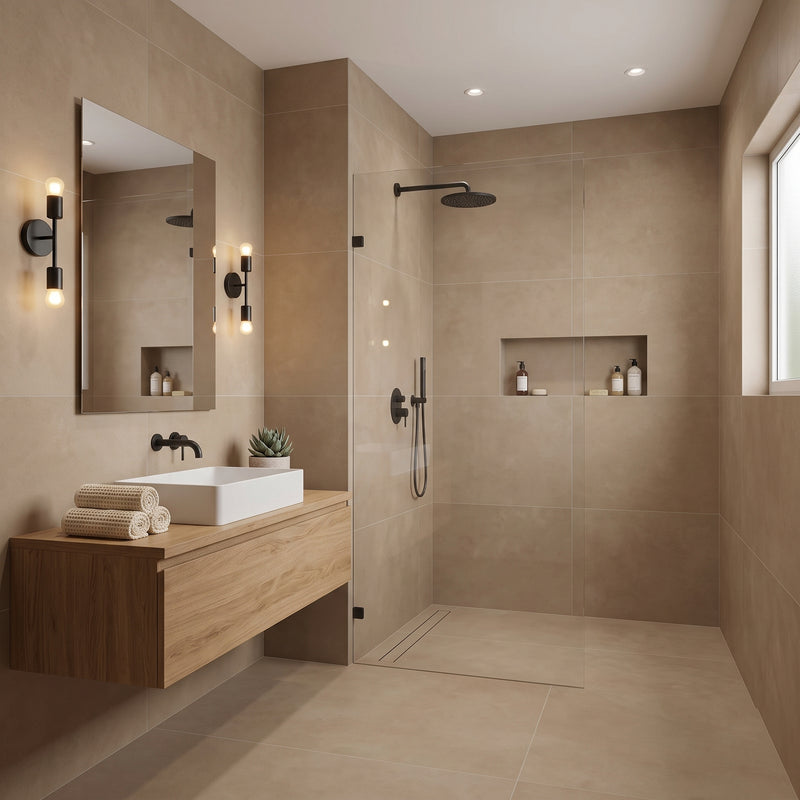 A modern bathroom interior with beige stone tile walls and floor, a floating wood vanity with a white rectangular sink, wall-mounted black fixtures, a large mirror, and a walk-in shower area with a black rain showerhead and handheld shower.