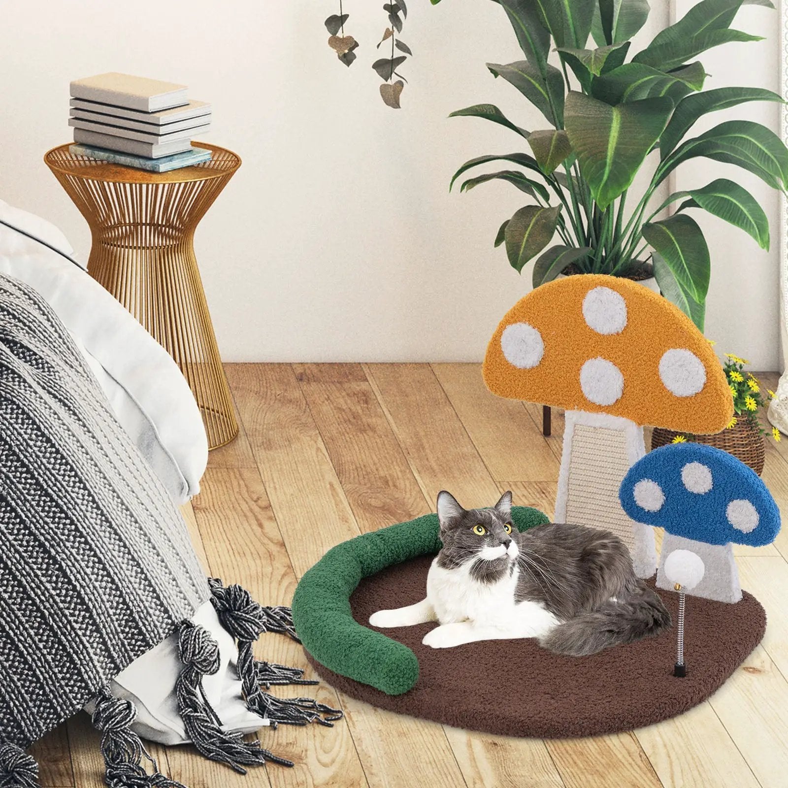 Mushroom Cat Bed Cat Claw Scratcher with Wide Bed and Sisal Scratch Panel-Multicolor by DirectDeals