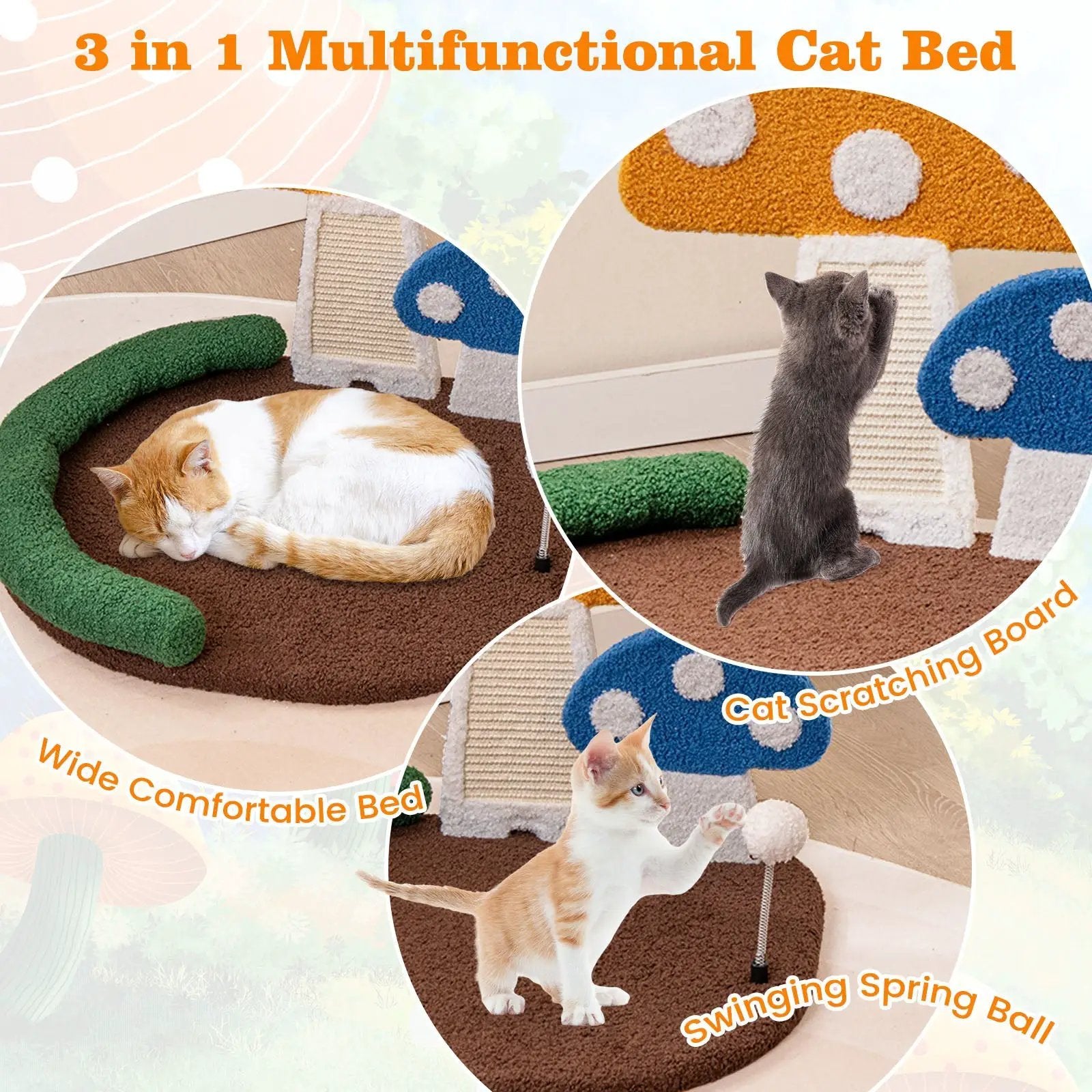 Mushroom Cat Bed Cat Claw Scratcher with Wide Bed and Sisal Scratch Panel-Multicolor by DirectDeals