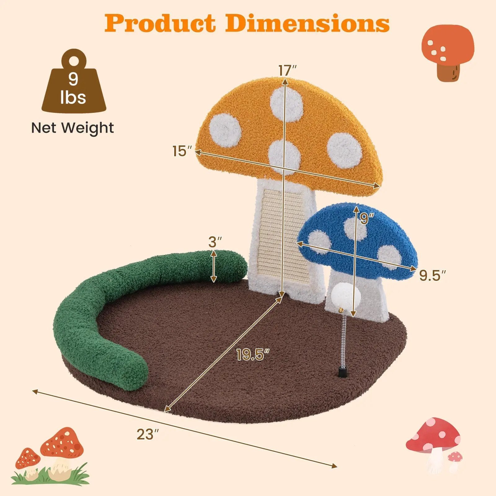 Mushroom Cat Bed Cat Claw Scratcher with Wide Bed and Sisal Scratch Panel-Multicolor by DirectDeals